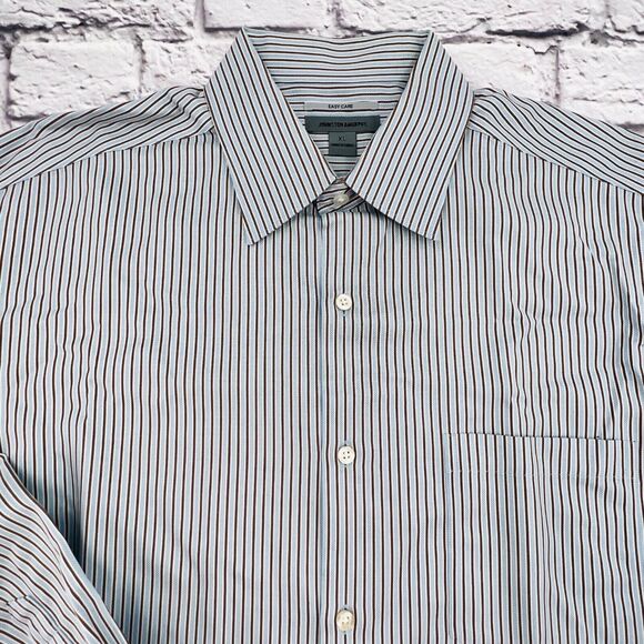 Johnston & Murphy Shirt Mens XL Blue White Brown Striped Button Down Easy Care - Picture 2 of 10